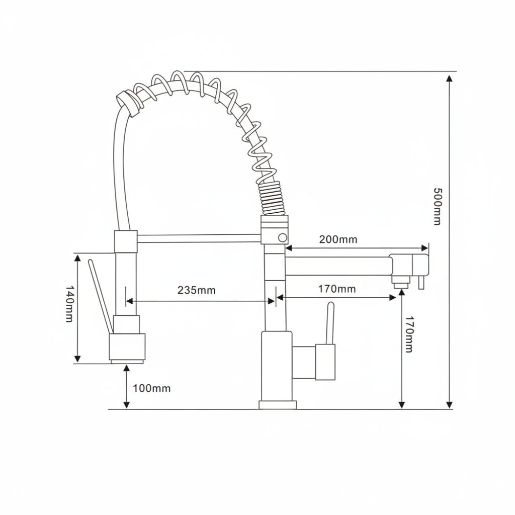 side measurement illustration of flexible pull-out spray hot water tap