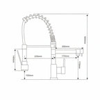 side measurement illustration of flexible pull-out spray hot water tap