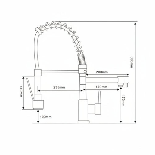 side measurement illustration of flexible pull-out spray hot water tap