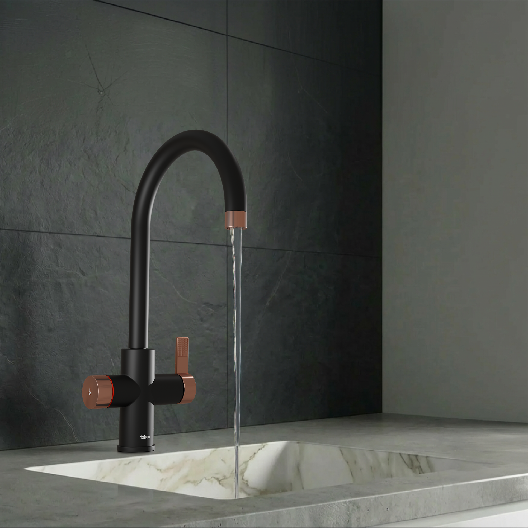 Image of Modern black and copper kitchen faucet in a gray tiled bathroom setting