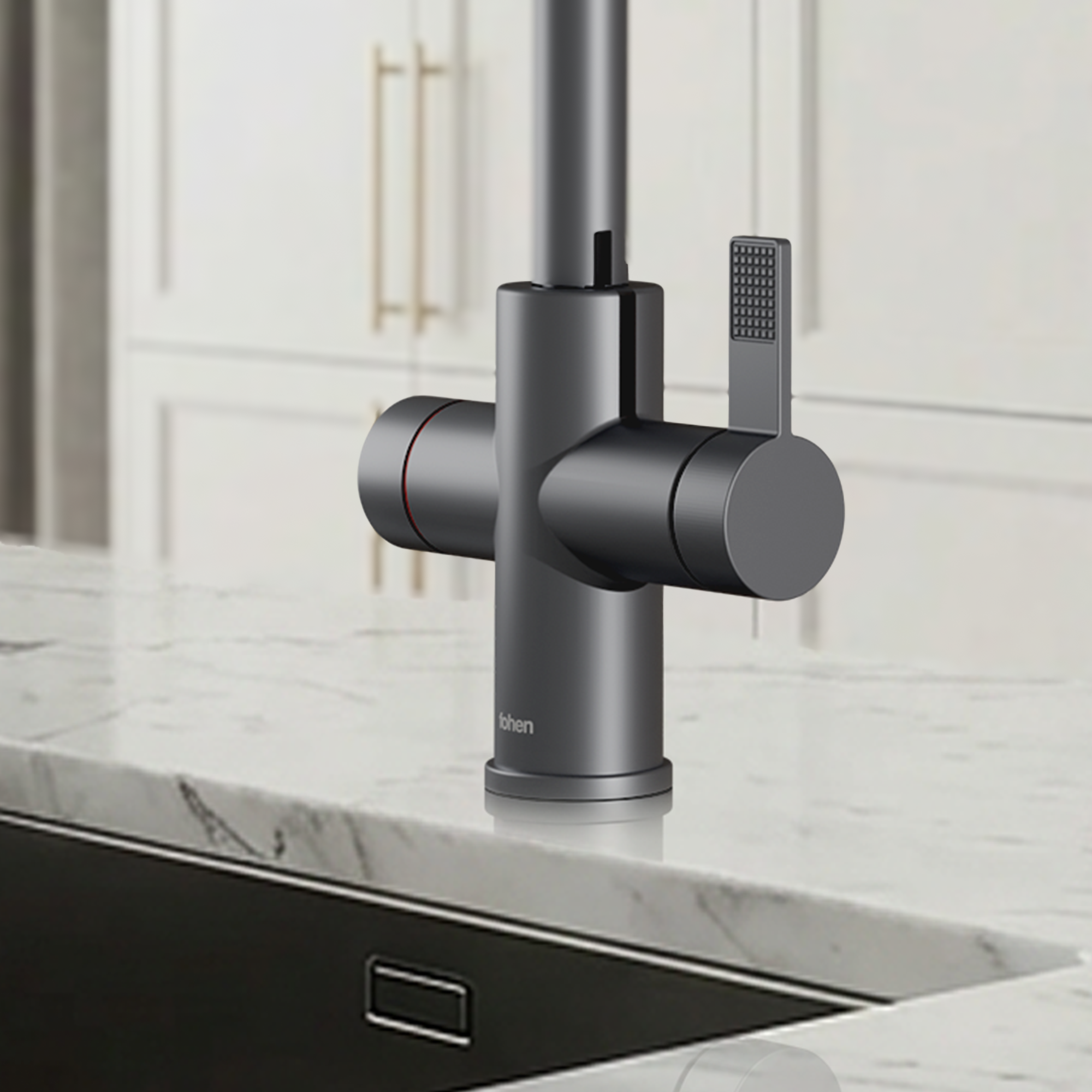 Image of Modern kitchen faucet with a marble countertop and tiled wall.