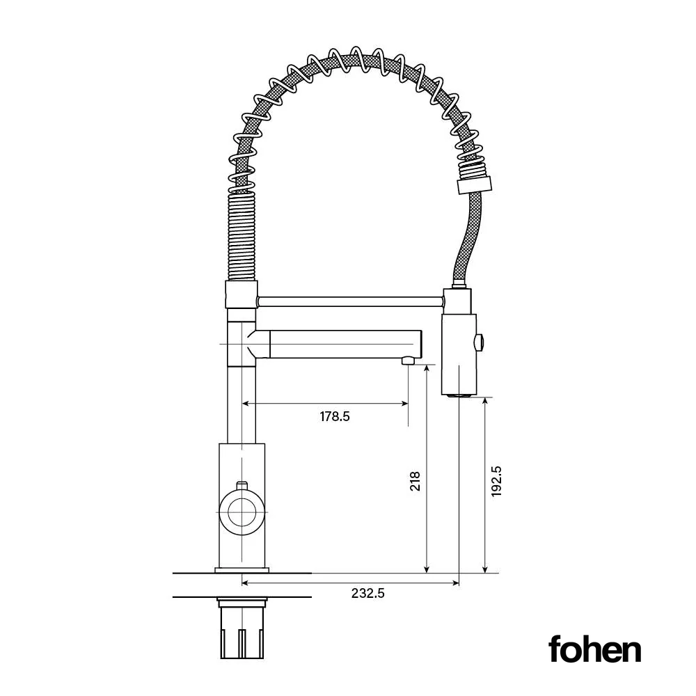 Technical dimension drawing of a Fohen flexible gooseneck faucet, showing measurements in millimeters